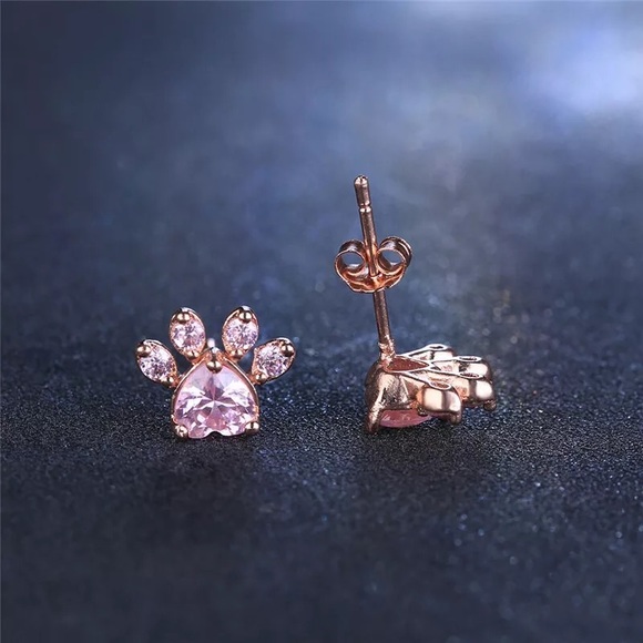 Rose Gold Pink CZ Paw Print Stud Earrings - Picture 6 of 7